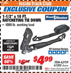 Harbor Freight ITC Coupon HAUL-MASTER 1000 LB. CAPACITY, 1-1/2 IN. X 10 FT. RATCHETING TIE-DOWN Lot No. 61302 Expired: 9/30/19 - $4.99