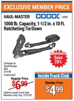 Harbor Freight ITC Coupon HAUL-MASTER 1000 LB. CAPACITY, 1-1/2 IN. X 10 FT. RATCHETING TIE-DOWN Lot No. 61302 Expired: 12/3/20 - $4.99
