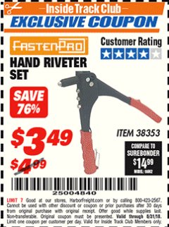 Harbor Freight ITC Coupon FASTEN-PRO 10 IN. HAND RIVETER SET Lot No. 38353 Expired: 8/31/18 - $3.49