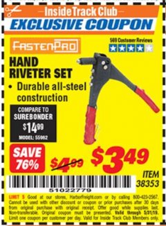 Harbor Freight ITC Coupon HAND RIVETER SET Lot No. 38353 Expired: 5/31/19 - $3.49