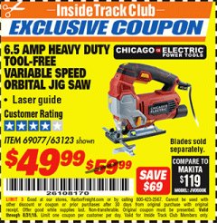 Harbor Freight ITC Coupon 6.5 AMP HEAVY DUTY VARIABLE SPEED ORBITAL JIG SAW WITH LASER Lot No. 69077/63123 Expired: 8/31/18 - $49.99