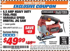 Harbor Freight ITC Coupon 6.5 AMP HEAVY DUTY VARIABLE SPEED ORBITAL JIG SAW WITH LASER Lot No. 69077/63123 Expired: 10/31/18 - $49.99