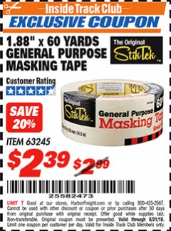 Harbor Freight ITC Coupon STIKTEK 60 YD. X 1.88 IN. GENERAL-PURPOSE MASKING TAPE Lot No. 63245 Expired: 8/31/18 - $2.39