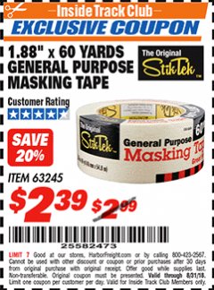 Harbor Freight ITC Coupon 1.88" X 60 YARD GENERAL PURPOSE MASKING TAPE Lot No. 63245 Expired: 8/31/18 - $2.39