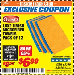 Harbor Freight ITC Coupon 16" X 16" LUXE FINISH MICROFIBER TOWELS PACK OF 12 Lot No. 63359/63251/63028 Expired: 2/29/20 - $6.99