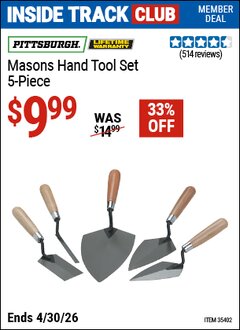 Harbor Freight Coupon PITTSBURGH MASONS HAND TOOL SET, 5-PIECE Lot No. 35402 Valid: 12/31/69 - 4/30/26 - $9.99