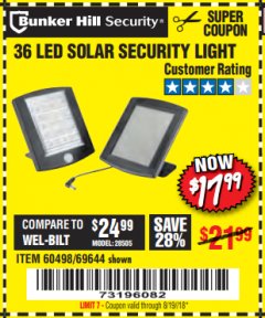 Harbor Freight Coupon 36 LED SOLAR SECURITY LIGHT Lot No. 69644/60498/69890 Expired: 8/19/18 - $17.99