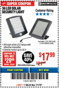 Harbor Freight Coupon 36 LED SOLAR SECURITY LIGHT Lot No. 69644/60498/69890 Expired: 7/1/18 - $17.99