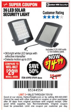 Harbor Freight Coupon 36 LED SOLAR SECURITY LIGHT Lot No. 69644/60498/69890 Expired: 7/31/18 - $14.99