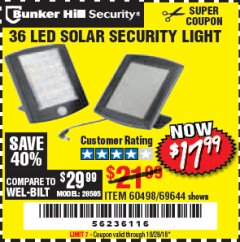 Harbor Freight Coupon 36 LED SOLAR SECURITY LIGHT Lot No. 69644/60498/69890 Expired: 10/28/18 - $17.99