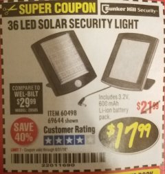 Harbor Freight Coupon 36 LED SOLAR SECURITY LIGHT Lot No. 69644/60498/69890 Expired: 8/31/18 - $17.99