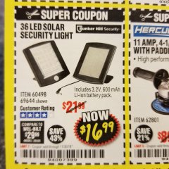 Harbor Freight Coupon 36 LED SOLAR SECURITY LIGHT Lot No. 69644/60498/69890 Expired: 11/30/18 - $16.99