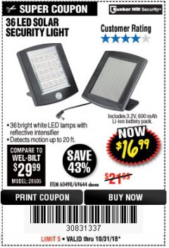 Harbor Freight Coupon 36 LED SOLAR SECURITY LIGHT Lot No. 69644/60498/69890 Expired: 10/31/18 - $16.99
