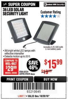 Harbor Freight Coupon 36 LED SOLAR SECURITY LIGHT Lot No. 69644/60498/69890 Expired: 10/28/18 - $15.99