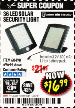 Harbor Freight Coupon 36 LED SOLAR SECURITY LIGHT Lot No. 69644/60498/69890 Expired: 11/30/18 - $16.99