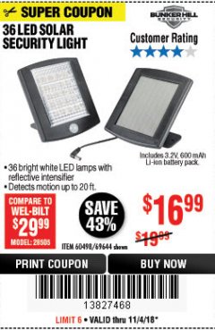 Harbor Freight Coupon 36 LED SOLAR SECURITY LIGHT Lot No. 69644/60498/69890 Expired: 11/4/18 - $16.99