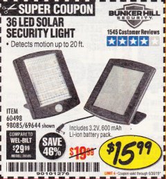 Harbor Freight Coupon 36 LED SOLAR SECURITY LIGHT Lot No. 69644/60498/69890 Expired: 6/30/19 - $15.99