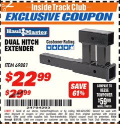 Harbor Freight ITC Coupon DUAL HITCH EXTENDER Lot No. 69881 Expired: 8/31/18 - $22.99