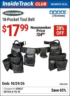 Harbor Freight ITC Coupon VOYAGER 18-POCKET TOOL BELT Lot No. 63294 Valid Thru: 10/29/26 - $17.99