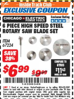 Harbor Freight ITC Coupon 6 PIECE HIGH SPEED ROTARY SAW BLADE SET Lot No. 67224 Expired: 5/31/18 - $6.99