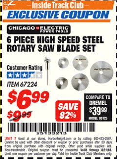 Harbor Freight ITC Coupon CHICAGO ELECTRIC POWER TOOLS HIGH SPEED STEEL ROTARY SAW BLADE SET, 6-PIECE Lot No. 67224 Expired: 8/31/18 - $6.99