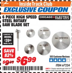 Harbor Freight ITC Coupon CHICAGO ELECTRIC POWER TOOLS HIGH SPEED STEEL ROTARY SAW BLADE SET, 6-PIECE Lot No. 67224 Expired: 10/31/19 - $6.99