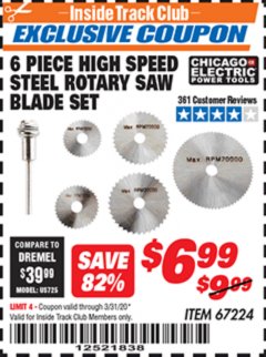 Harbor Freight ITC Coupon CHICAGO ELECTRIC POWER TOOLS HIGH SPEED STEEL ROTARY SAW BLADE SET, 6-PIECE Lot No. 67224 Expired: 3/31/20 - $6.99
