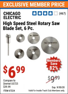 Harbor Freight ITC Coupon 6 PIECE HIGH SPEED ROTARY SAW BLADE SET Lot No. 67224 Expired: 9/30/20 - $6.99