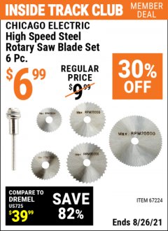 Harbor Freight ITC Coupon CHICAGO ELECTRIC POWER TOOLS HIGH SPEED STEEL ROTARY SAW BLADE SET, 6-PIECE Lot No. 67224 Expired: 8/26/21 - $6.99