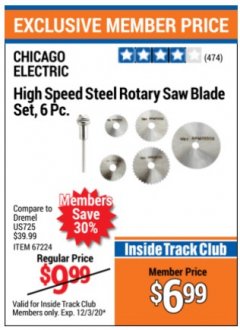Harbor Freight Coupon 6 PIECE HIGH SPEED ROTARY SAW BLADE SET Lot No. 67224 Expired: 12/3/20 - $6.99