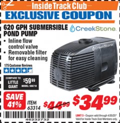 Harbor Freight ITC Coupon 620 GPH SUBMERSIBLE POND PUMP Lot No. 63314 Expired: 4/30/20 - $34.99