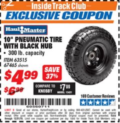 Harbor Freight ITC Coupon 10" PNEUMATIC TIRE WITH BLACK HUB Lot No. 63515/67465 Expired: 12/31/18 - $4.99