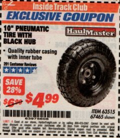 Harbor Freight ITC Coupon 10" PNEUMATIC TIRE WITH BLACK HUB Lot No. 63515/67465 Expired: 7/31/19 - $4.99
