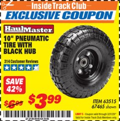 Harbor Freight ITC Coupon 10" PNEUMATIC TIRE WITH BLACK HUB Lot No. 63515/67465 Expired: 3/31/20 - $3.99