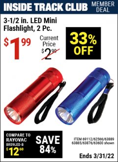 Harbor Freight ITC Coupon 2 PIECE 3-1/2" 9 LED FLASHLIGHT Lot No. 62521/62566/69065/69112/97036 Expired: 3/31/22 - $1.99