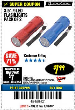 Harbor Freight Coupon 2 PIECE 3-1/2" 9 LED FLASHLIGHT Lot No. 62521/62566/69065/69112/97036 Expired: 8/31/18 - $1.99