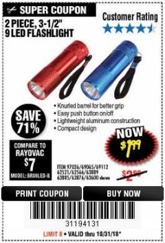 Harbor Freight Coupon 2 PIECE 3-1/2" 9 LED FLASHLIGHT Lot No. 62521/62566/69065/69112/97036 Expired: 10/31/18 - $1.99