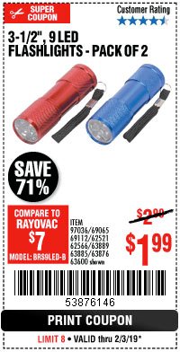 Harbor Freight Coupon 2 PIECE 3-1/2" 9 LED FLASHLIGHT Lot No. 62521/62566/69065/69112/97036 Expired: 2/3/19 - $1.99