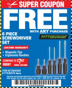 Harbor Freight FREE Coupon 6 PIECE SCREWDRIVER SET Lot No. 62570 Expired: 10/17/18 - FWP