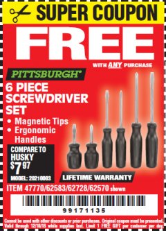 Harbor Freight FREE Coupon 6 PIECE SCREWDRIVER SET Lot No. 62570 Expired: 12/10/18 - FWP