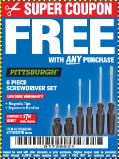 Harbor Freight FREE Coupon 6 PIECE SCREWDRIVER SET Lot No. 62570 Expired: 11/30/18 - FWP