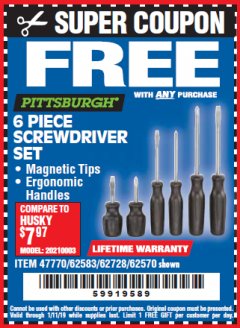 Harbor Freight FREE Coupon 6 PIECE SCREWDRIVER SET Lot No. 62570 Expired: 1/11/19 - FWP