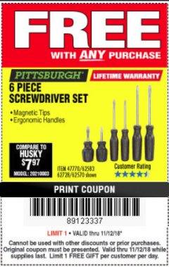 Harbor Freight FREE Coupon 6 PIECE SCREWDRIVER SET Lot No. 62570 Expired: 11/18/18 - FWP