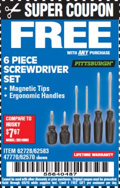 Harbor Freight FREE Coupon 6 PIECE SCREWDRIVER SET Lot No. 62570 Expired: 4/6/19 - FWP