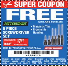 Harbor Freight FREE Coupon 6 PIECE SCREWDRIVER SET Lot No. 62570 Expired: 5/4/19 - FWP