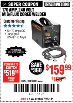 Harbor Freight Coupon 170 AMP MIG/FLUX WIRE FEED WELDER Lot No. 68885/61888 Expired: 7/29/18 - $159.99