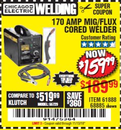 Harbor Freight Coupon 170 AMP MIG/FLUX WIRE FEED WELDER Lot No. 68885/61888 Expired: 11/13/18 - $159.99