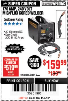 Harbor Freight Coupon 170 AMP MIG/FLUX WIRE FEED WELDER Lot No. 68885/61888 Expired: 11/4/18 - $159.99