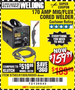 Harbor Freight Coupon 170 AMP MIG/FLUX WIRE FEED WELDER Lot No. 68885/61888 Expired: 5/31/19 - $159.99