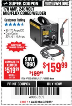 Harbor Freight Coupon 170 AMP MIG/FLUX WIRE FEED WELDER Lot No. 68885/61888 Expired: 3/24/19 - $159.99